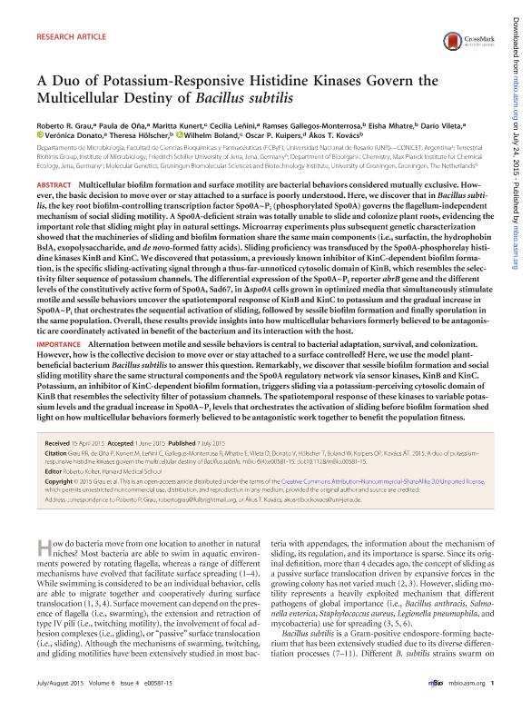 A Duo Of Potassium Responsive Histidine Kinases Govern The Multicellular Destiny Of Bacillus Subtilis