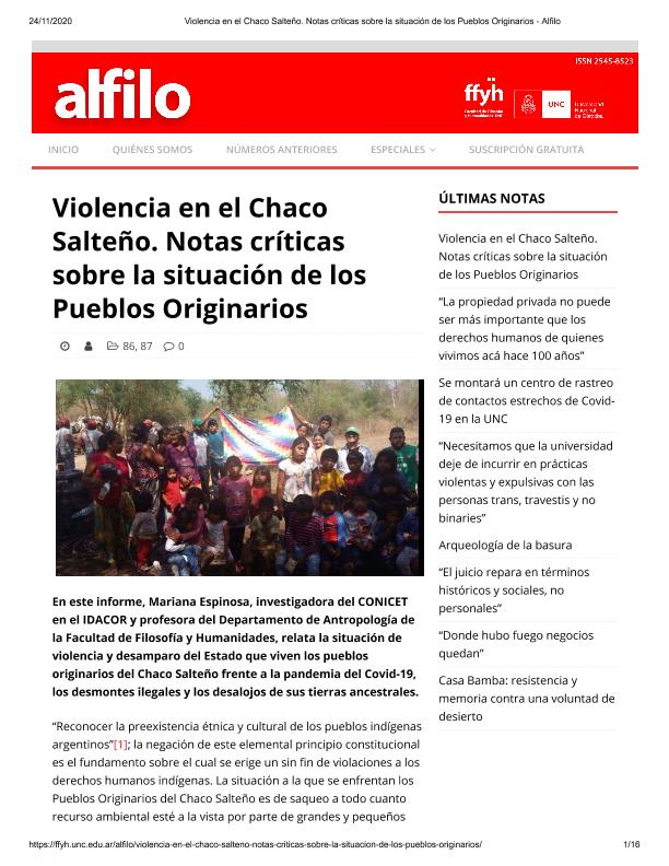 Violencia en el Chaco Salte o Notas cr ticas sobre la situaci n