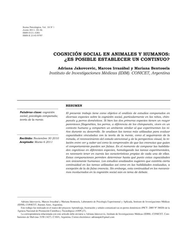 Cognición social en animales y humanos: ¿Es posible establecer un continuo? Cognición social en animales y humanos: ¿Es posible establecer un continuo?
