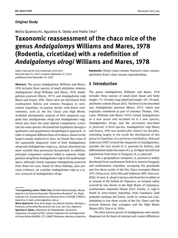 Taxonomic reassessment of the chaco mice of the genus Andalgalomys