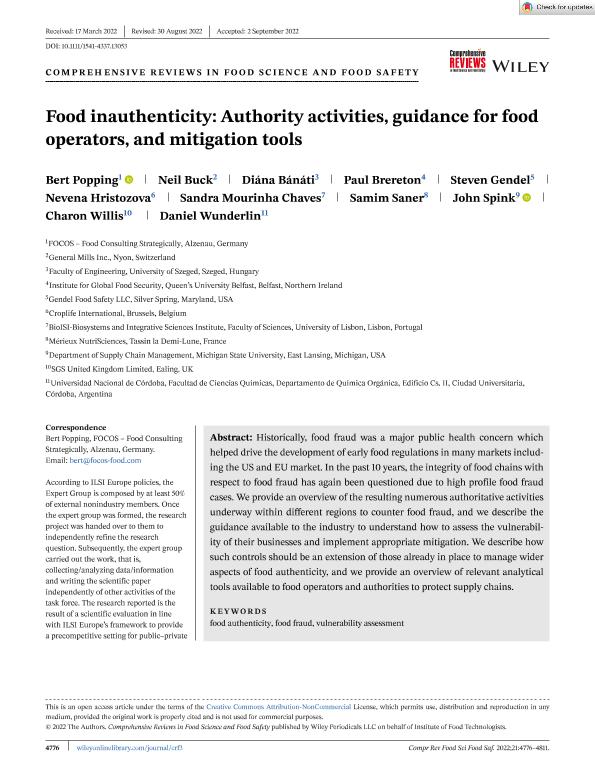 Food inauthenticity: Authority activities, guidance for food operators, and  mitigation tools - Popping - 2022 - Comprehensive Reviews in Food Science  and Food Safety - Wiley Online Library
