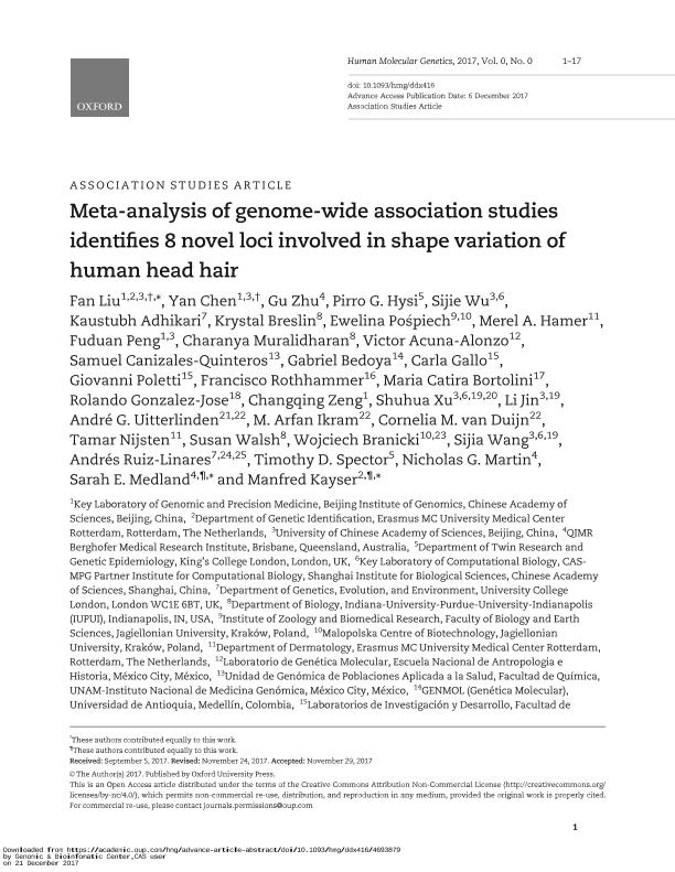 Meta-analysis of genome-wide association studies identifies 8 novel loci involved in shape variation of human head hair Meta-analysis of genome-wide association studies identifies 8 novel loci involved in shape variation of human head hair