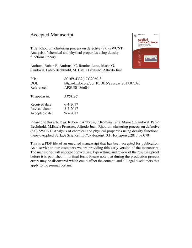 Rhodium Clustering Process On Defective 8 0 Swcnt Analysis Of Chemical And Physical Properties Using Density Functional Theor Rhodium Clustering Process On Defective 8 0 Swcnt Analysis Of Chemical And Physical Properties Using Density Functional Theor