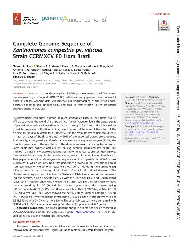 Complete Genome Sequence Of Xanthomonas Campestris Pv Viticola Strain Ccrmxcv 80 From Brazil