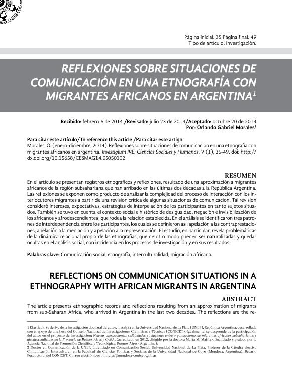 Reflexiones sobre situaciones de comunicación en una etnografía con  migrantes africanos en Argentina
