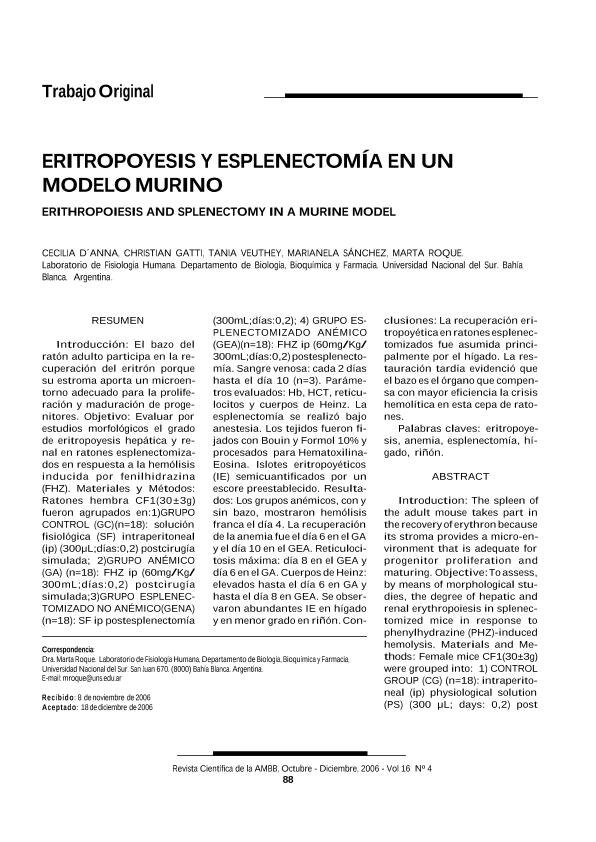 Eritropoyesis y Esplenectomía en un Modelo Murino