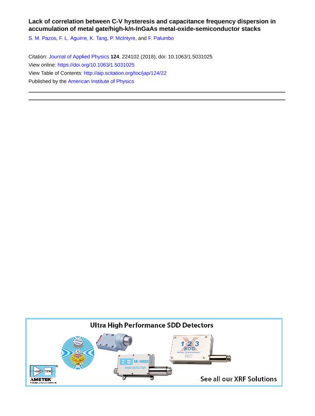 Lack Of Correlation Between C V Hysteresis And Capacitance Frequency Dispersion In Accumulation Of Metal Gate High K N Ingaas Me