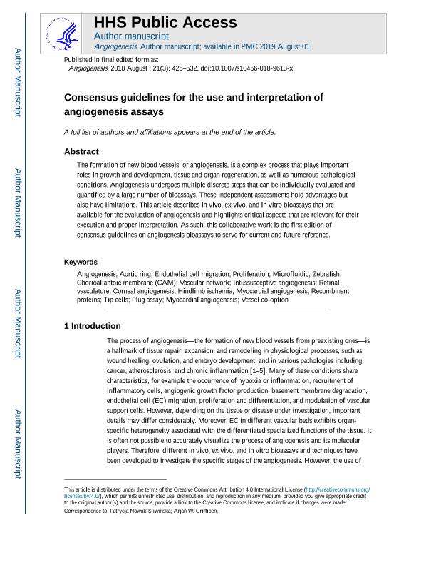 Consensus Guidelines For The Use And Interpretation Of Angiogenesis Assays Consensus Guidelines For The Use And Interpretation Of Angiogenesis Assays