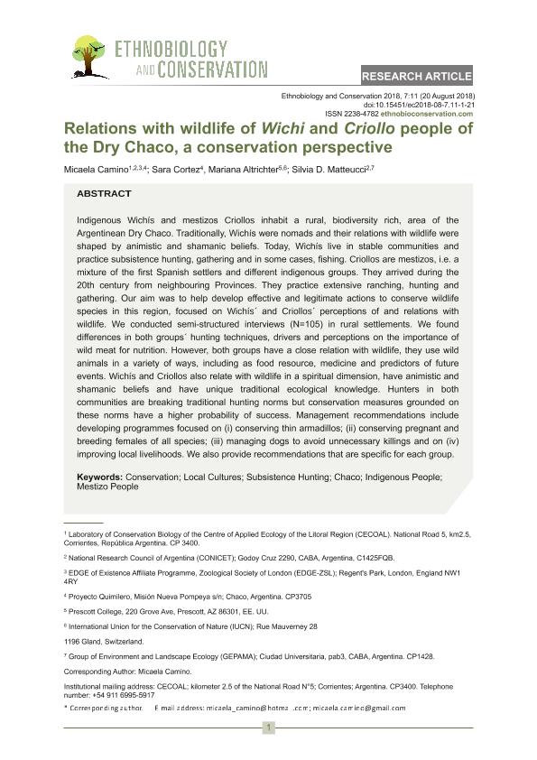 Relations with wildlife of Wichi and Criollo people of the Dry